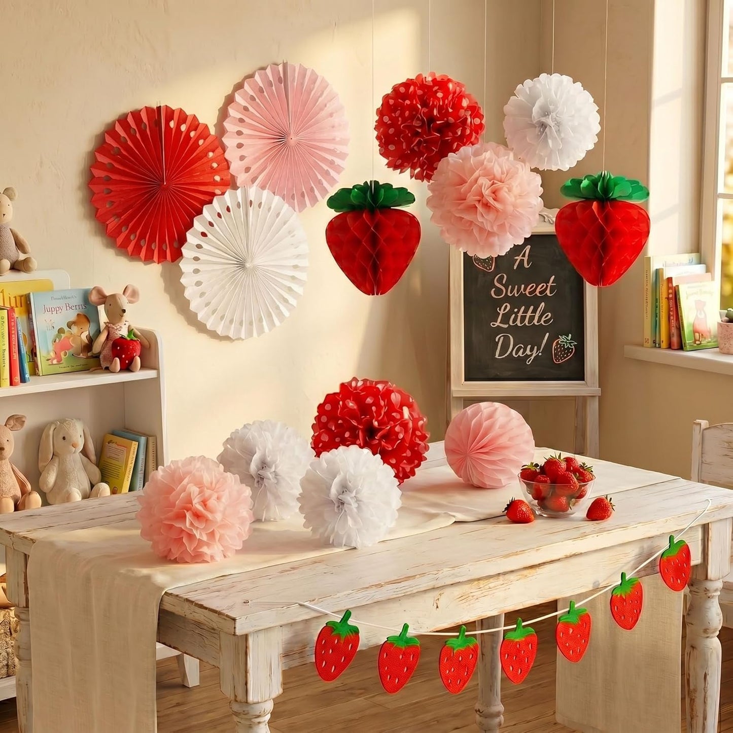 Strawberry Party Tissue Pom-Pom & Paper Fan Set