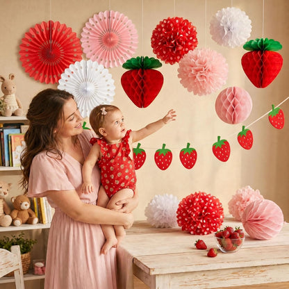 Strawberry Party Tissue Pom-Pom & Paper Fan Set